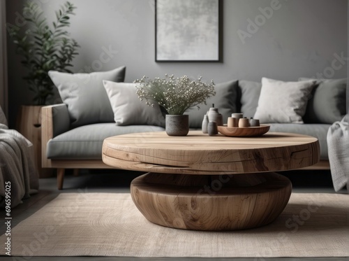 Rustic round wood table near sofa with grey pillows. Scandinavian home interior