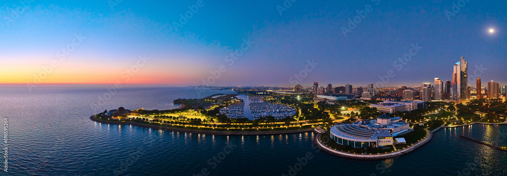 Aerial Twilight Chicago Coastline with Vibrant Skyline and Marina Panorama