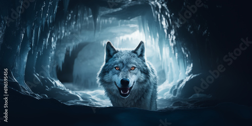 Lobo cinzento selvagem entrando em uma caverna de gelo - Papel de parede photo
