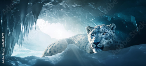 leopardo das neves selvagem entrando em uma caverna de gelo - Papel de parede photo