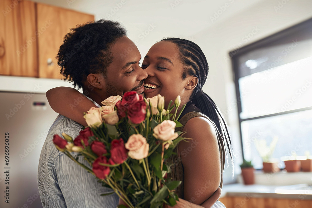 Happy couple with bouquet of roses