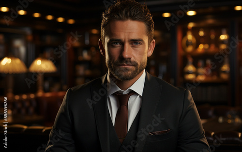 Create Stunning Image of Beard Male Business Man In an Office Wearing Tailored Suit