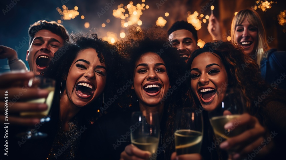 group of diverse friends young men and woman happy on new year's eve party with champagne and fireworks - obrazy, fototapety, plakaty 