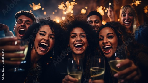group of diverse friends young men and woman happy on new year's eve party with champagne and fireworks photo