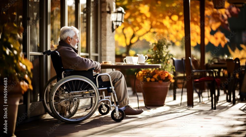 Obraz premium Old man sitting in wheelchair in nursing home
