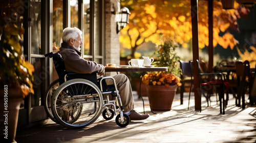 Old man sitting in wheelchair in nursing home photo