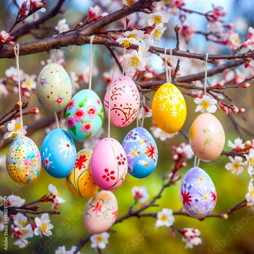 Backyard decoration for easter. Eggs hung on tree branch. Background with colorful easter eggs hanging on blooming plum tree branches outdoor in park or garden