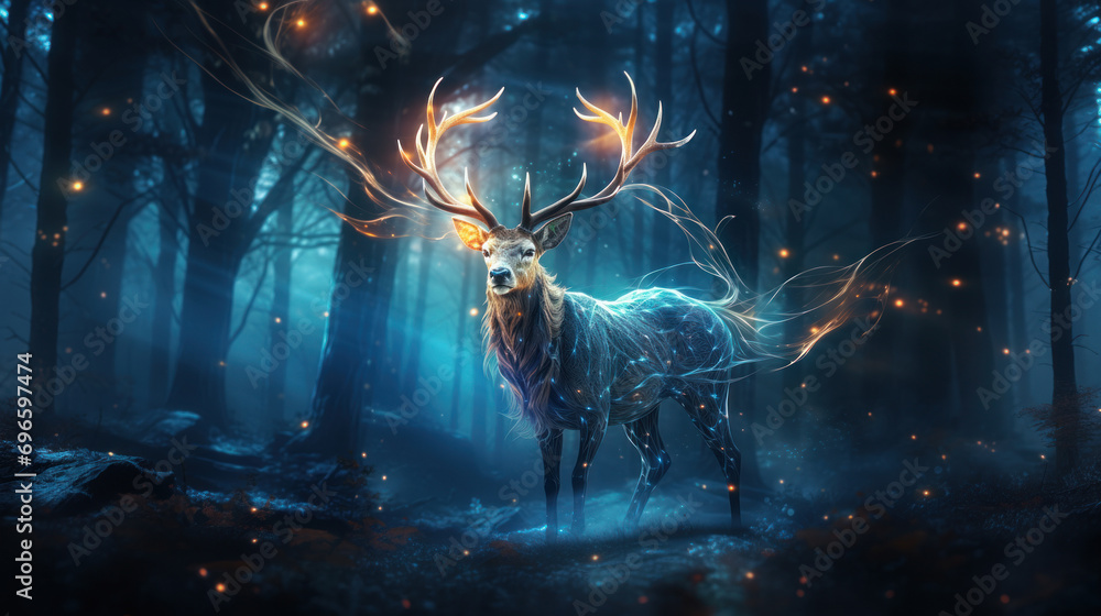 Silver glowing magical stag in dark forest - obrazy, fototapety, plakaty 
