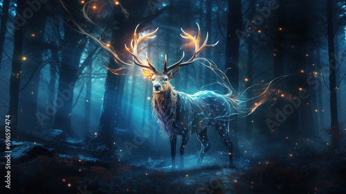 Silver glowing magical stag in dark forest photo
