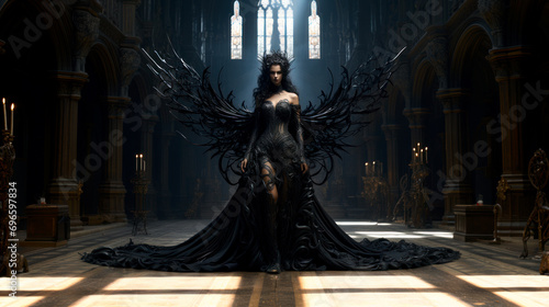 Beautiful dark evil fairy in her castle photo