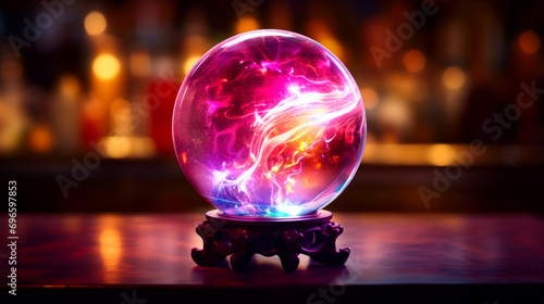 Pink glowing magic crystal on table