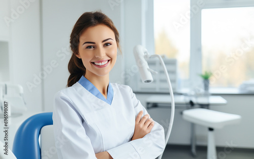 Handsome woman doctor posing at newest dental clinic, copy space Free Download Handsome woman doctor posing at newest dental clinic, copy space - GFXLoad
