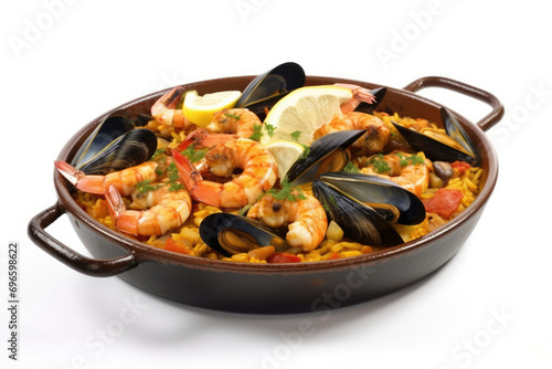 Seafood spanish cuisine paella pan fish traditional dish rice food