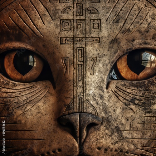 ancient egipt text on  shot of cat god with a universe eyes photo