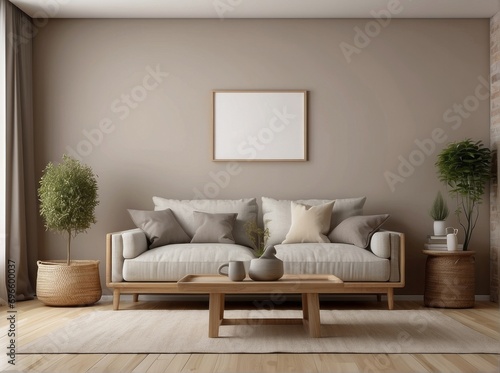 Rustic sofa with white cushions next to accent end table against beige wall with empty mock up frame © Dhiandra
