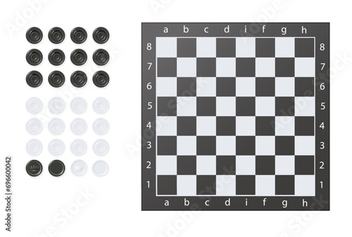 Chess boards on wooden background. Draughts, game with pieces in black and white. Vector