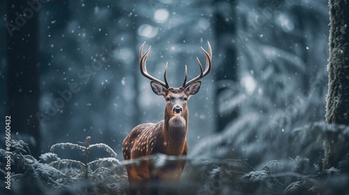 Beautiful deer stag in snow covered Winter forest landscape.