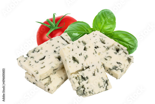 Blue cheese slices isolated on white background with  full depth of field.