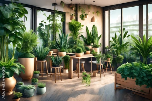 Lots of beautiful green lush indoor plants on the terrace. Decoration and landscaping of the terrace. AI generated.- photo