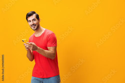 Man phone portrait space smartphone cyberspace phone happy smiling mobile yellow communication copy