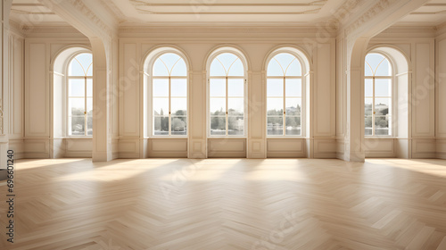 wide open room with light hardwood flooring and windows  in the style of danish golden age