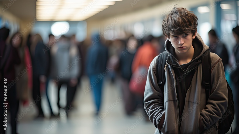 Depressed, sad teenage boy at school Depressed, sad teenage boy at school