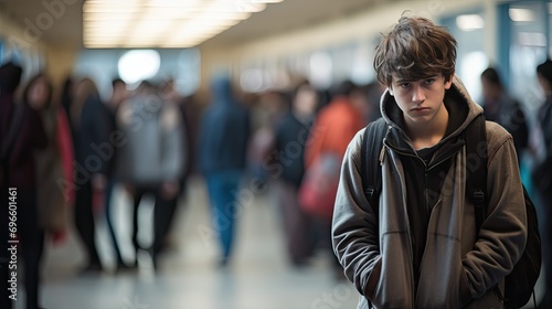 Depressed, sad teenage boy at school photo
