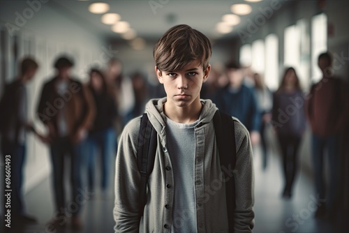 Depressed, sad teenage boy at school photo