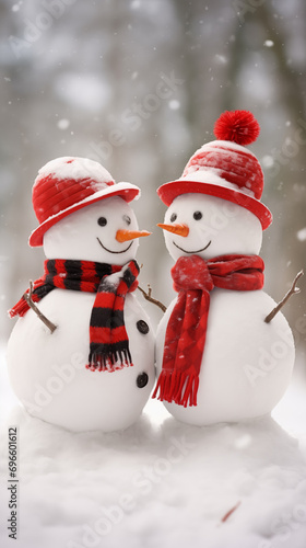 Dois bonecos de neve com chapéu e cachecol vermelho na neve - Papel de parede  photo