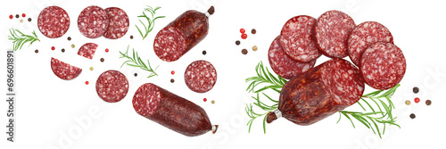 Smoked sausage salami with slices isolated on white background . Top view with copy space for your text. Flat lay