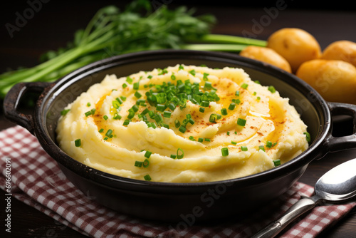 Mashed potatoes with butter and chives in dark bowl with spoon, in rustic style on background with copy space. Near the bowl on wooden tray placed fresh potato, greenery