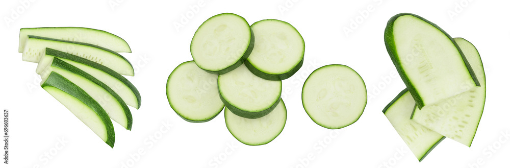 Fresh sliced zucchini isolated on white background with full depth of field. Top view. Flat lay Fresh sliced zucchini isolated on white background with full depth of field. Top view. Flat lay