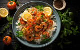 Shrimp in sauce in a bowl with rice stand on black kitchen table on dark background with copy space. The bowl with roasted shrimps served with fresh yellow lemons and greenery