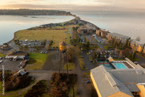 Semiahmoo spit includes a resort, beach trails, and restaurants and the iconic Semiahmoo Water Tower landmark. Located off Drayton Harbor and the coast of Blaine in Whatcom County, Washington state. photo