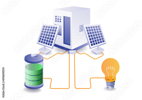 Solar panel energy electricity storage battery network infographic illustration concept