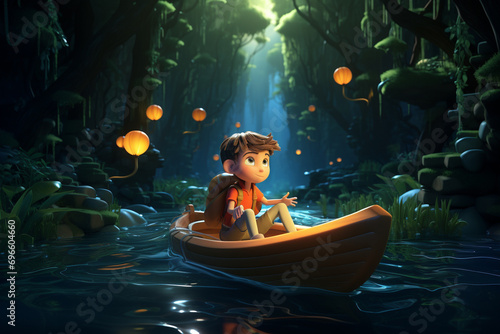 A 3D boy cartoon character navigating a raft on a gently flowing river through a mystical forest. 8k, © Zeeshan Qazi