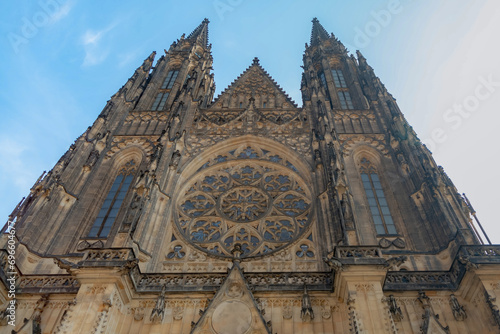 The Metropolitan Cathedral of Saints Vitus church with blue sky, Wenceslaus and Adalbert is a Roman Catholic metropolitan cathedral in Prague, The City of a Hundred Spires, Capital of Czech Republic. photo