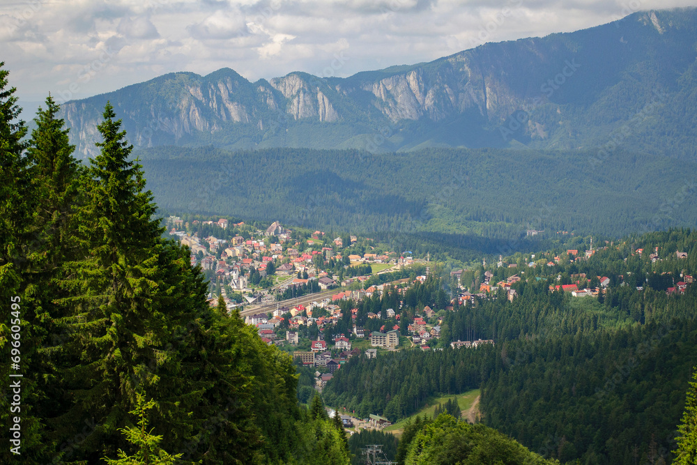 Predeal, a mountain resort town in Romania and the Postavarul massif.