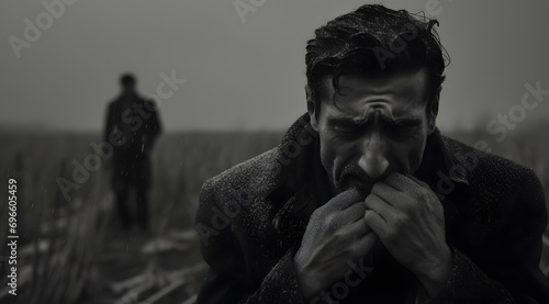 sad crying man in a cold winter scenery