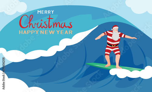 Festive banner for Merry Christmas and Happy New Year with surfing Santa Claus