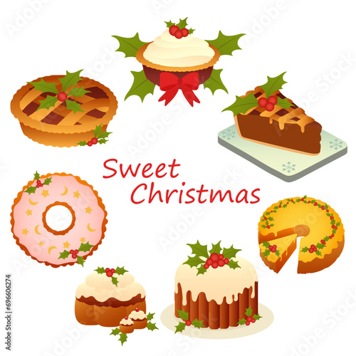 Collection of tasty Christmas cakes on white background