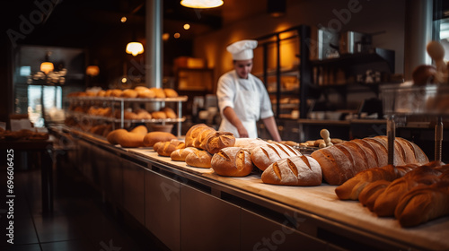 Bäckerei mit frischem Brot, Bäcker und Bäckermeister in einer Bäckerei und Konditorei