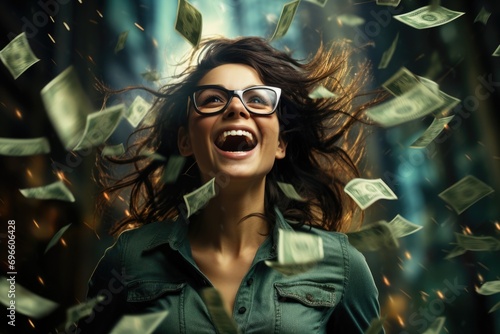 Wealthy shower: joyous cascade of money onto a blissful individual, embodying the triumphant concept of winning and amassing substantial wealth, a financial downpour symbolizing success and abundance.
