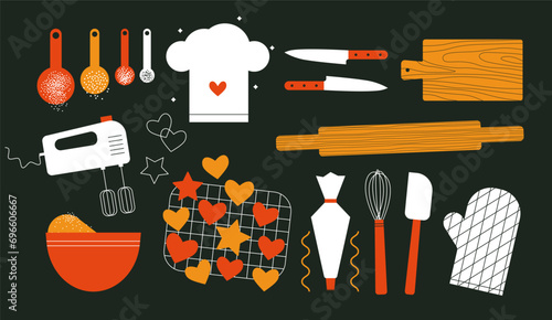 Baker stickers. Cooking cookies, cakes, pastry, dough recipe. Kitchen utensils, ingredients. Kitchenware for cooking and baking. Flat vector illustration. Trendy abstract style. Cartoon vintage style.