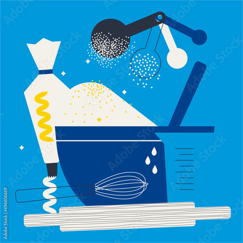 Bakery poster. Cooking cookies, cakes, pastry, dough recipe. Kitchen utensils, ingredients. Kitchenware for cooking and baking. Flat vector illustration. Trendy abstract style. Cartoon vintage style.