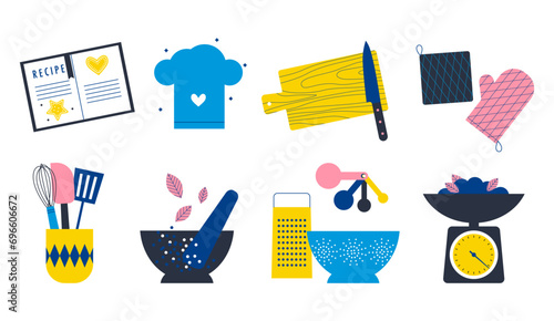 Retro kitchen utensils icon set. Recipe book icon. Jar with cutlery. Spatula and whisk in holder. Measuring spoons. Kitchenware for cooking and baking. Flat vector illustration. Trendy abstract style.