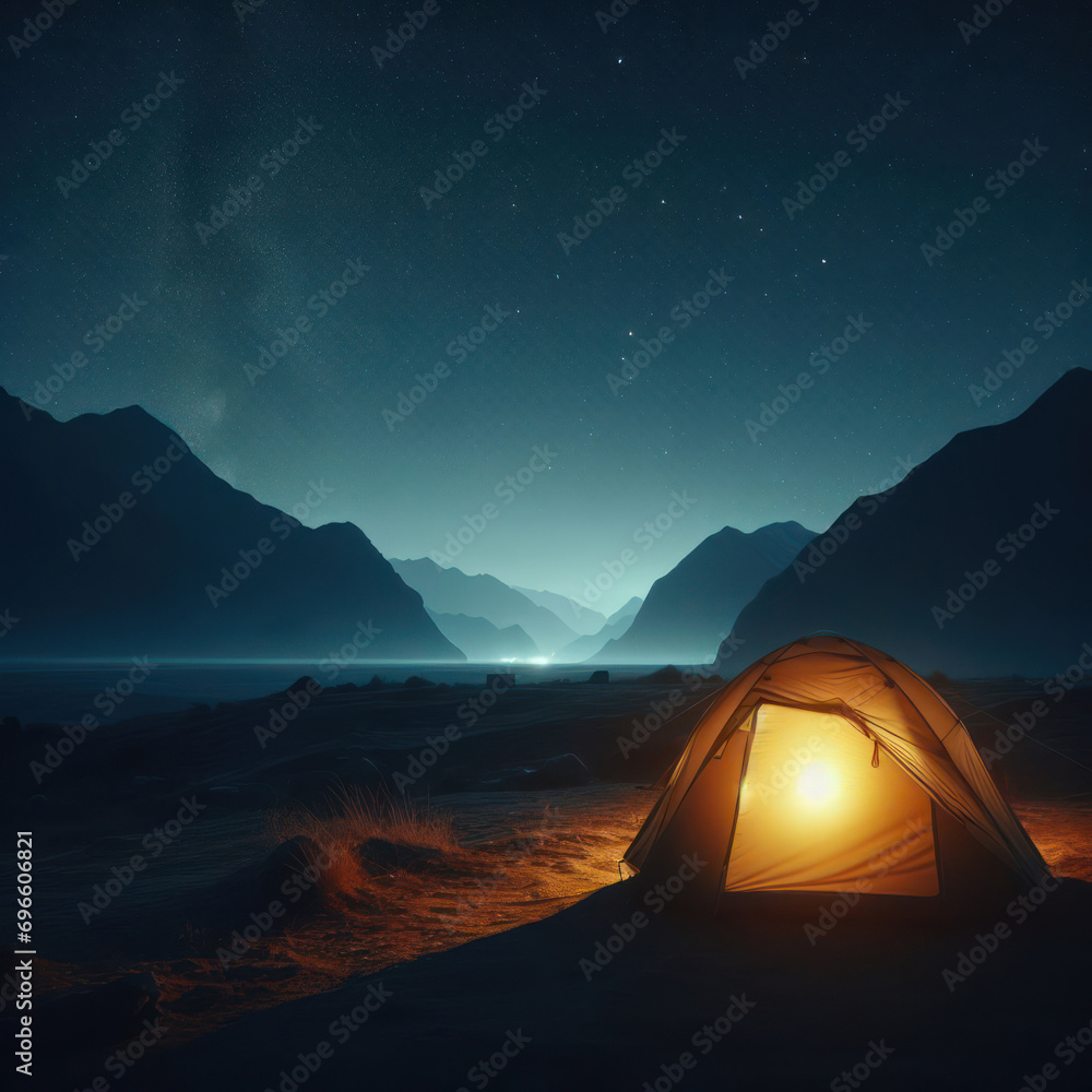 camping in the tent at night by the lake under the stars