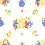 Seamless pattern little chick with Easter egg and flowers on white background. Vector illustration for paschal design, wallpaper, packaging, textile. Kids collection.