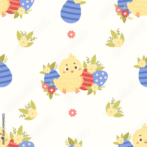Seamless pattern little chick with Easter egg and flowers on white background. Vector illustration for paschal design, wallpaper, packaging, textile. Kids collection.