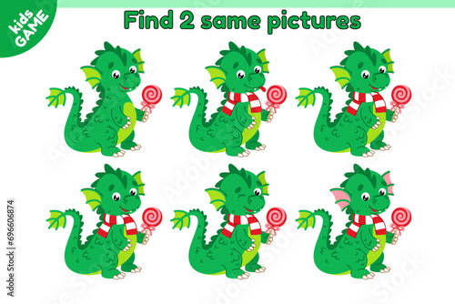 Educational kids game. Find 2 same picture with Dragon of Chinese New Year 2024. Cute cartoon dragon in scarf with lollipop in its paws. Puzzle for education children. Holiday activity book. Vector.